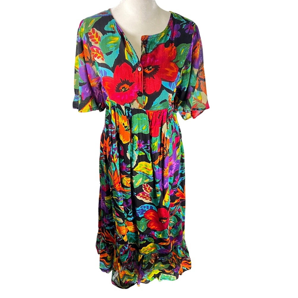 Erika Taylor Vintage Tropical Floral Cotton Maxi Dress Womens Medium Multi Color